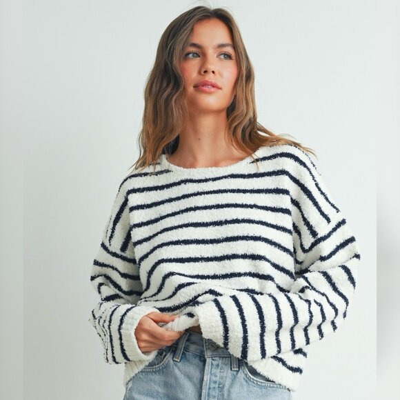 The Wild Clover Sweaters - 1 LEFT!! STILL TIME NAVY STRIPED KNIT SWEATER